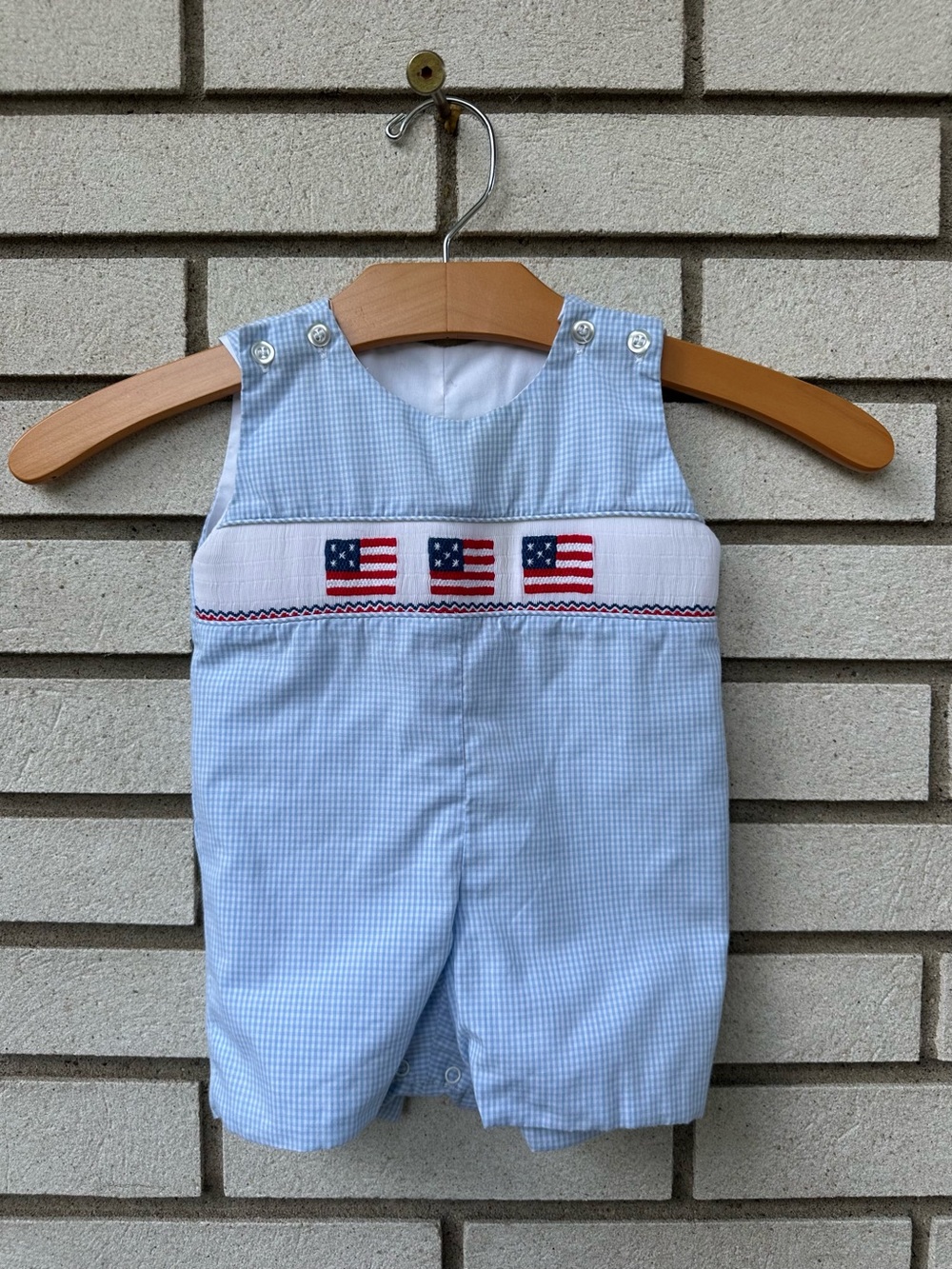 Classic Whimsy Vintage Smocked American Flag Gingham Jon Jon Romper 18M